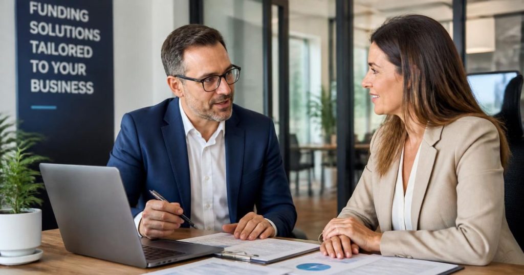 Business owner discussing how to qualify for business funding with a financial specialist during a funding consultation